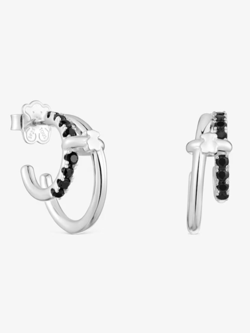 Tous Silver Double hoop earrings with black spinel Tous Straight